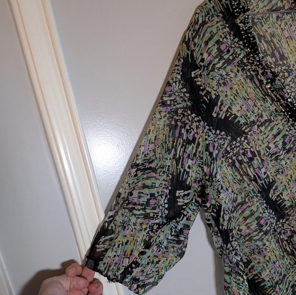 Ace Fashion Sheer V-Neck Tunic Blouse Abstract Flowy  Beaded Crystals Bohemian - Picture 7 of 16